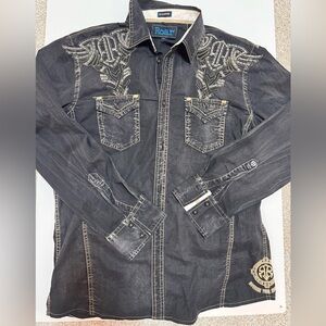 Roar Charcoal Embroidered Denim Western Shirt L